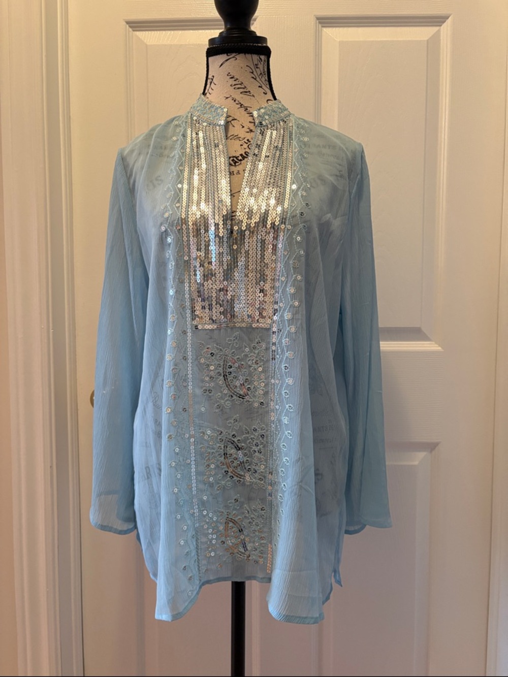 Sequin-Trim Light Blue Women's Tunic Top